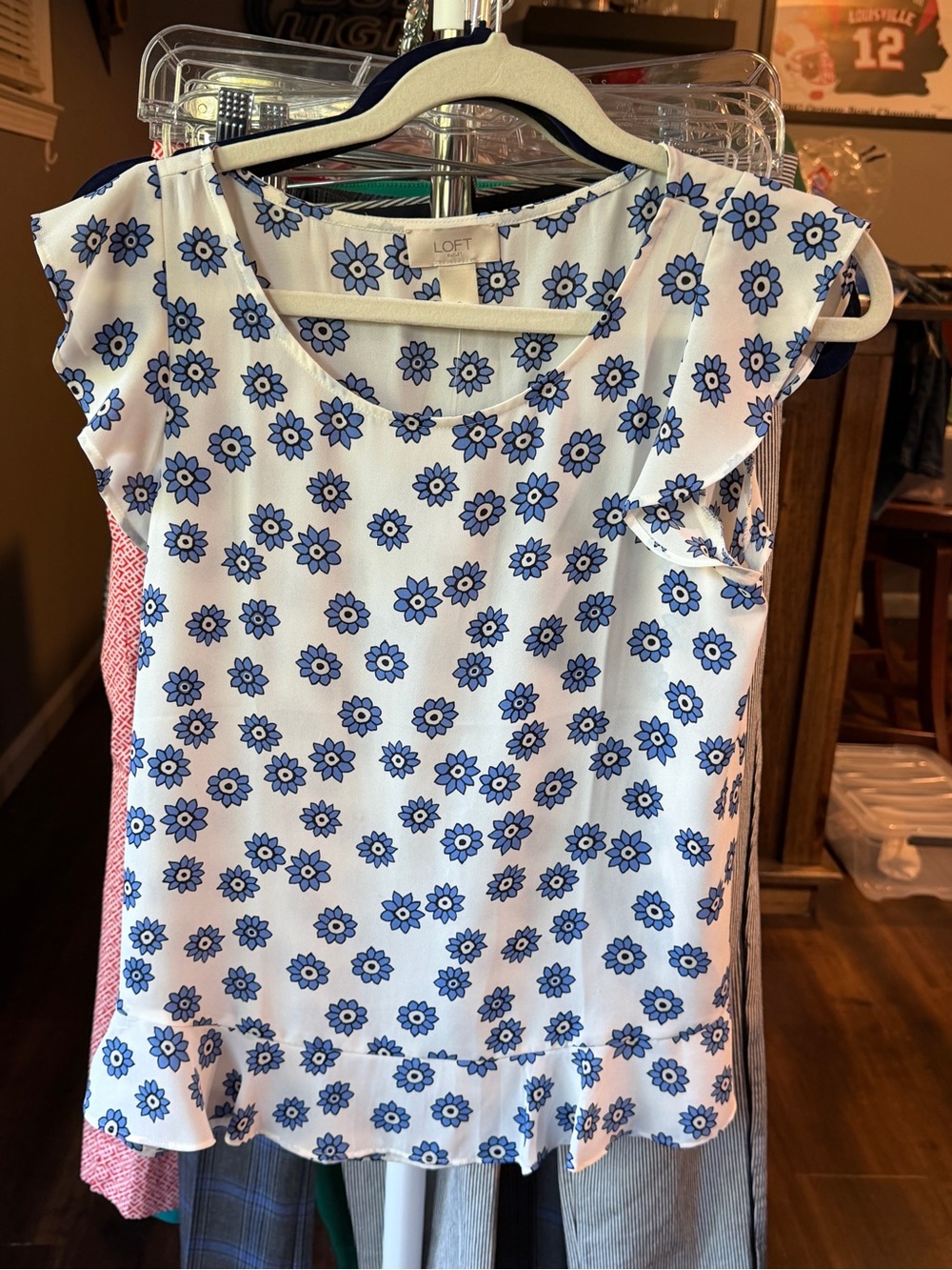 LOFT White Top with Blue Floral Print